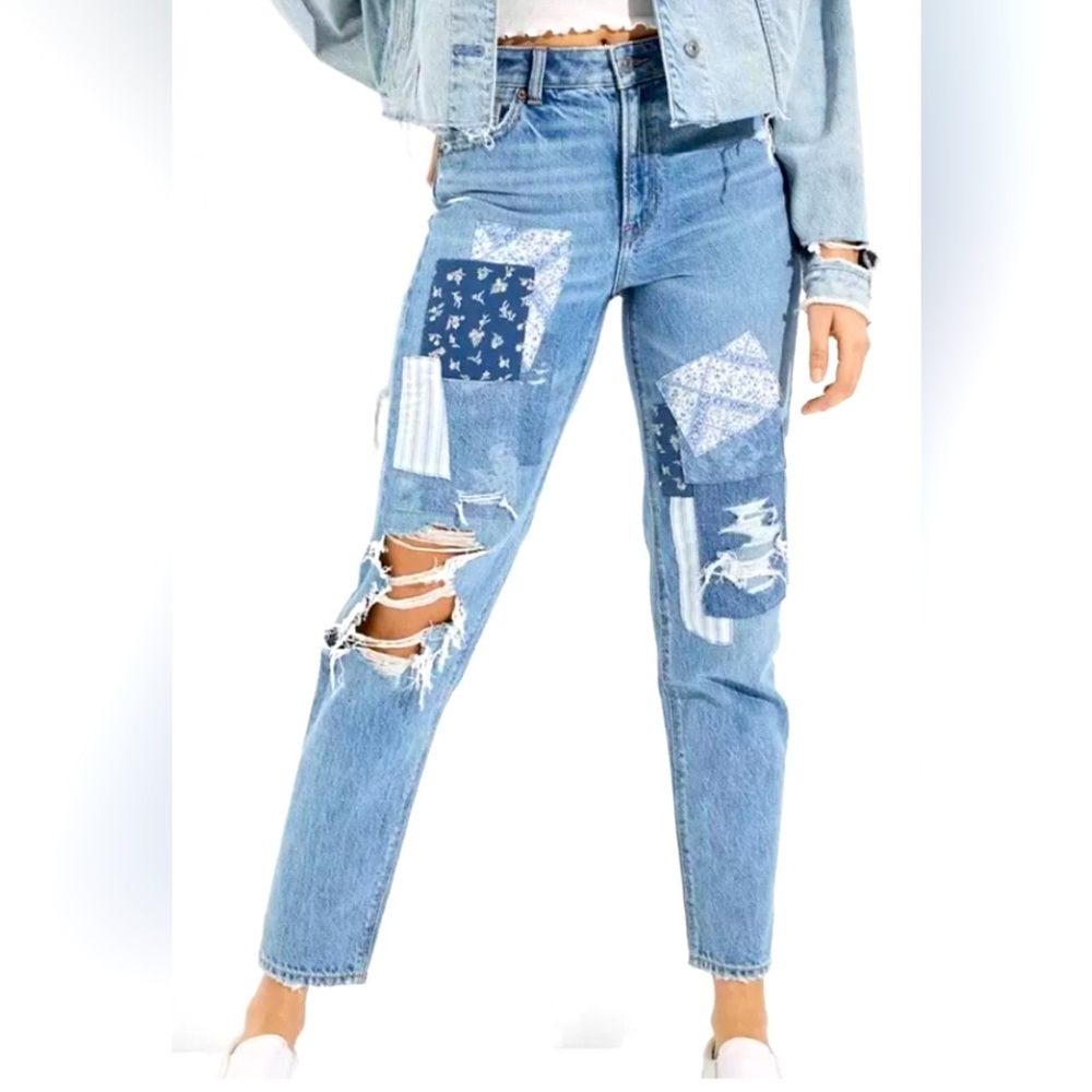 American Eagle Patchwork High Rise Mom Jeans size 2.